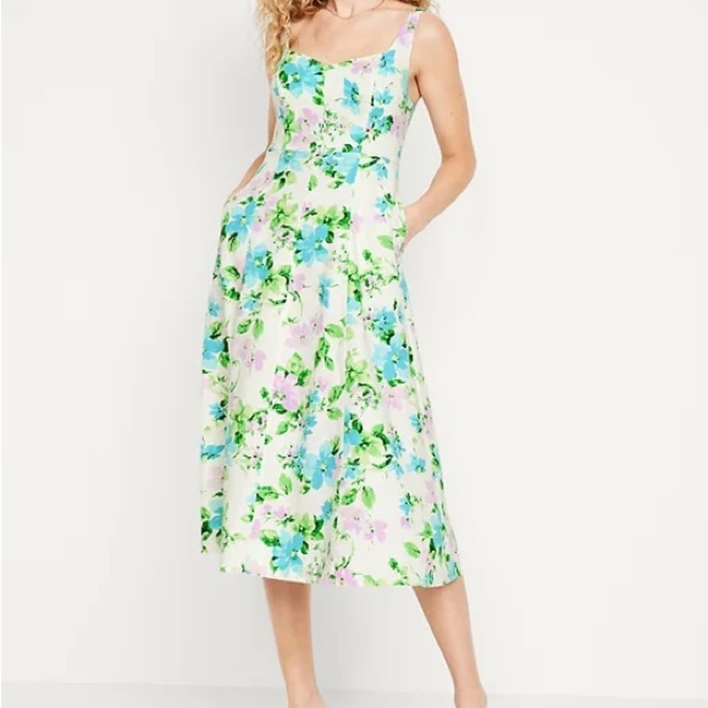 Old Navy Floral Midi Dress Linen Blend Fit & Flare XS